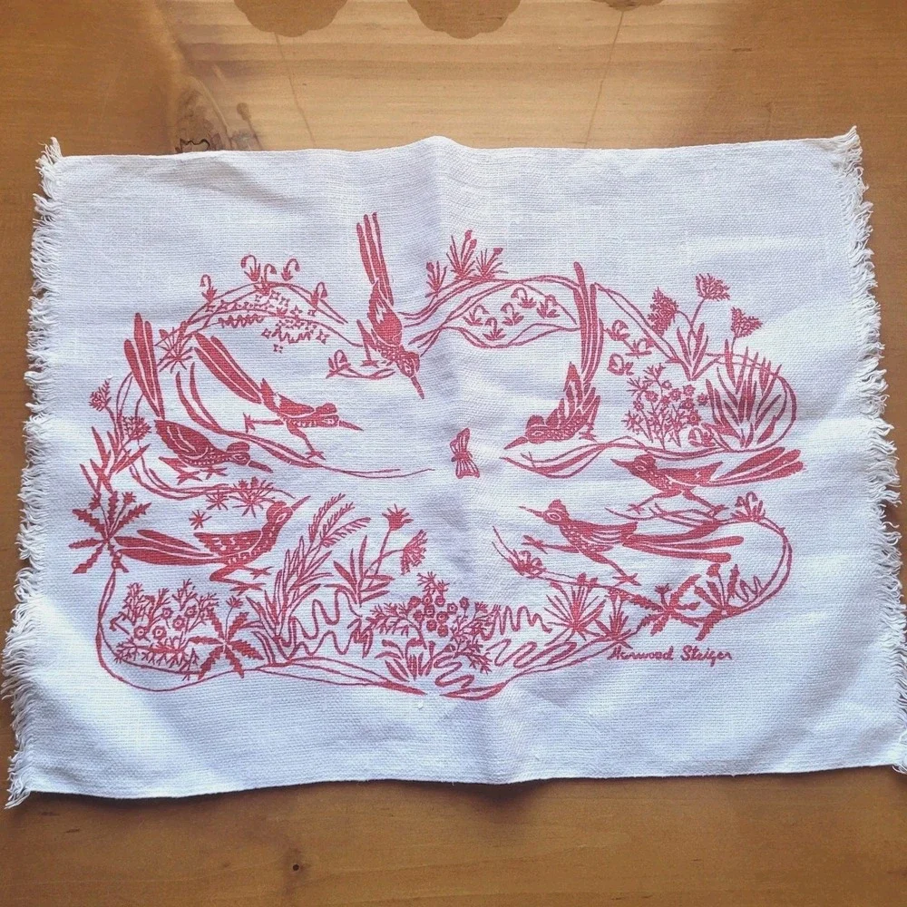 Vtg Harwood Steiger Placemats Roadrunners Cactus White Red Set of 3 Arizona USA